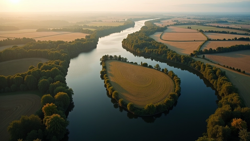 Upės vingio erdvinė perspektyva, žemėlapis su meandriniais vingiais