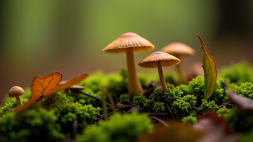 Miško paklotė su įvairiais augalais ir grybais, makro fotografija
