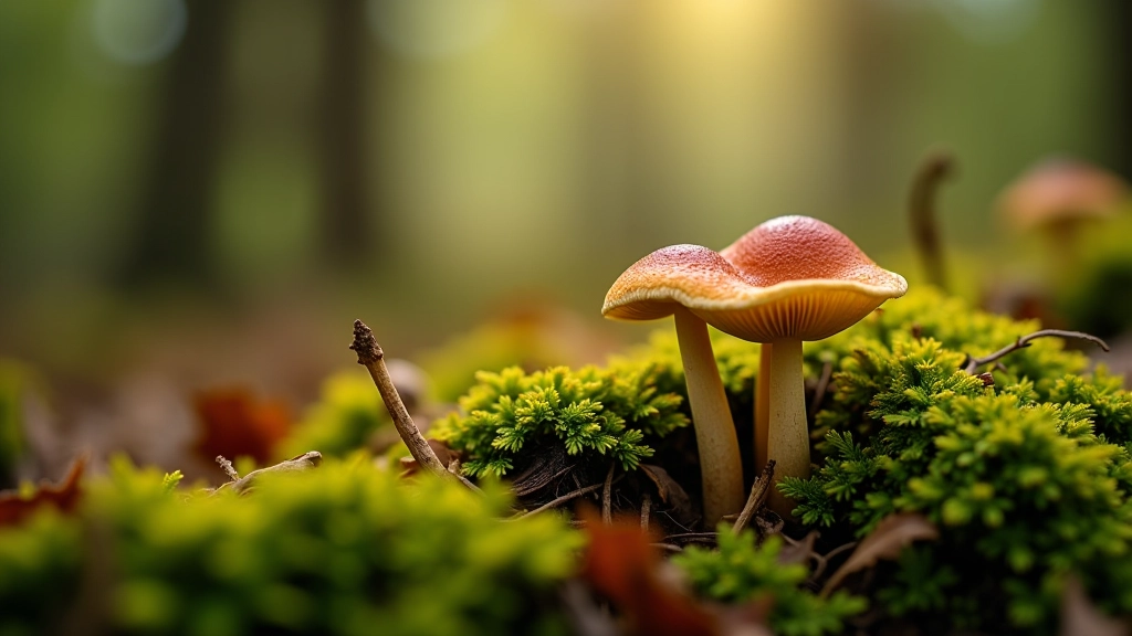Miško grindis su grybais ir samanu, gamtos detalės, rudens spalvos